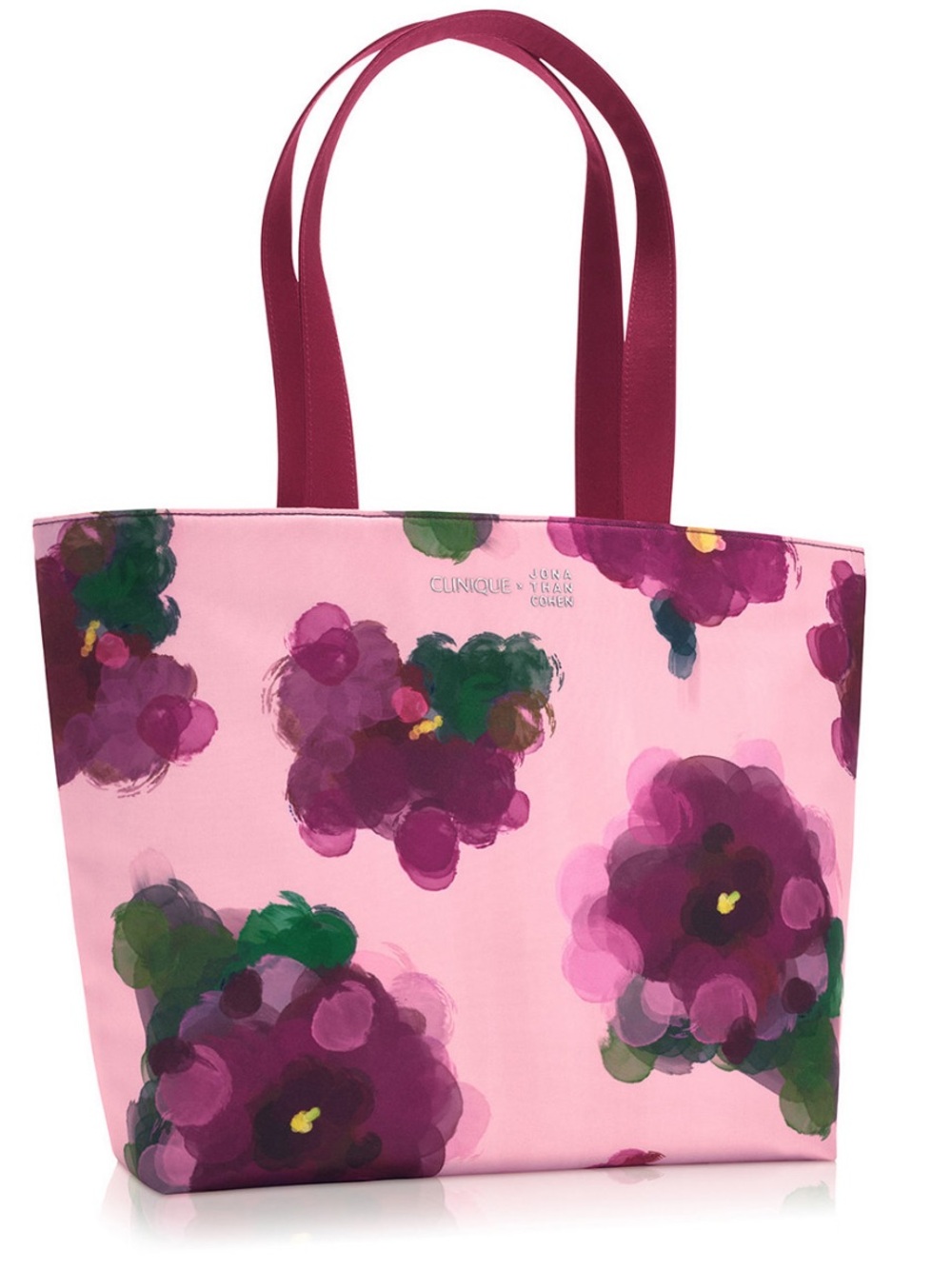 Clinique Pink Floral Tote with Burgundy Handles (NWT)